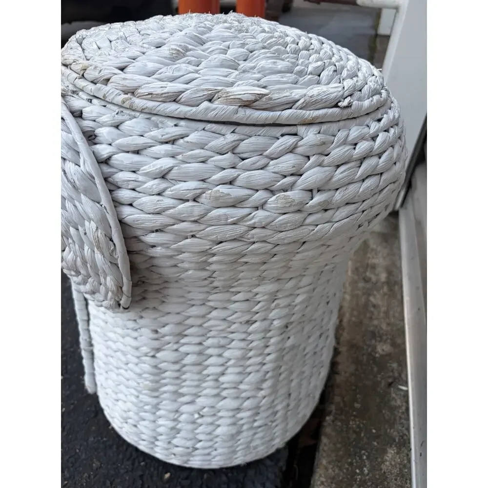 Elephant Hamper White Wicker Laundry Basket Clothes Bin Lid Woven Decor Nursery